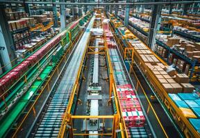 High-angle view of a bustling logistics warehouse with automated sorting systems and organized rows of packaged goods photo