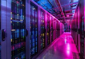 Interior of a cutting-edge data center with rows of servers and blinking lights, emphasizing advanced technology photo