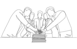 Continuous one line drawing of young office workers unite hands over pile of documents, teamwork and collaboration, team effort to complete task concept, single line art. vector