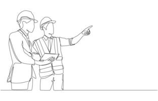 Continuous one line drawing of young engineer reporting construction progress to project manager., construction project concept, single line art. vector