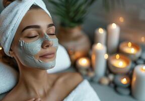 At a luxurious spa, a serene woman with a white headband applies a mud mask, surrounded by candles and calming elements photo