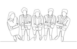 Continuous one line drawing of confident business people standing with arms crossed, professional business team concept, single line art. vector
