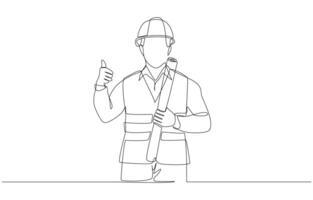 Continuous one line drawing of civil engineer holding roll paper of construction design with thumbs up, engineering and construction concept, single line art. vector
