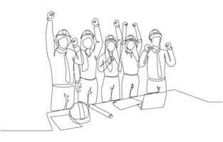 Continuous one line drawing of happy engineers celebrating project completion, celebration of engineering team concept, single line art. vector