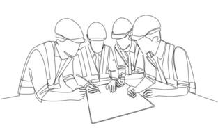 Continuous one line drawing of senior engineering manager pointing out details in blueprint to junior field engineers, construction planning meeting concept, single line art. vector