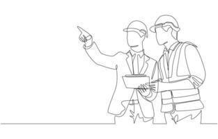 Continuous one line drawing of engineering manager discussing construction design with construction foreman, construction project concept, single line art. vector