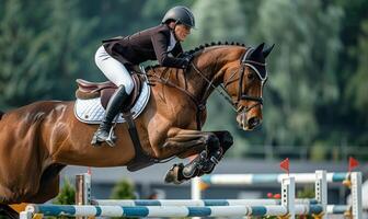 An equestrian rider's lower body and horse jumping over an obstacle photo