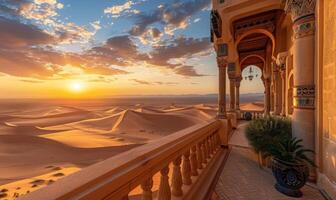 A vast desert landscape with sand dunes and a setting sun, viewed from a balcony with Arabian architectural elements photo