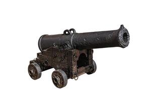 Ancient cannon on wheels on white. An ancient artillery piece that was installed on ships or to protect forts. Isolate on a white back photo