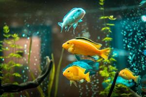 Goldfish in freshwater aquarium with green beautiful planted tropical. fish in freshwater aquarium with green beautiful planted tropical. Colorful fish on green background. photo