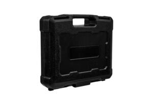 Black plastic container with foam inside for safe storage and transportation of fragile and expensive items. Sturdy plastic case. Isolate on a white back. photo
