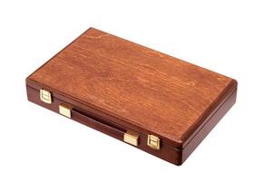 wooden brown box with a handle and gold locks isolated on white photo