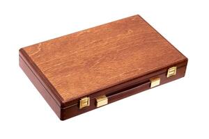 wooden brown box with a handle and gold locks isolated on white photo
