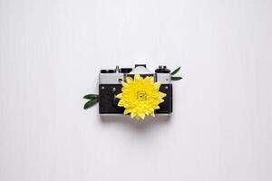 Vintage camera with a yellow flower instead of a lens. old camera on a white background. Instead of a lens, a flower with yellow petals photo
