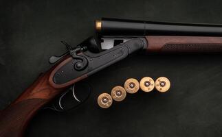 Classic trigger double-barreled hunting rifle on a green background. Smooth-bore hunting rifle open for reloading. Concept postcards for hunters. photo