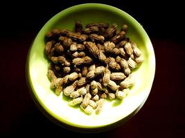 a pile of fresh peanuts on green tray with dark background. Natural light from window. Rural ambience of morning sunlight photo