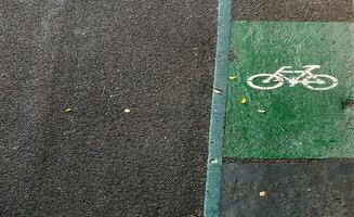 A bike lane is shown on a road with a green stripe. top view. high angle photo