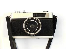 old vintage camera gear on white background. top view, flat lay. Retro vintage concept. Travel and journey design element photo