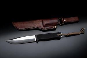 A modern hunting knife and a leather case for him on a dark background. Melee weapons for hunting and self-defense. The instrument of crime. photo