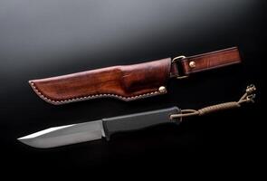 A modern hunting knife and a leather case for him on a dark background. Melee weapons for hunting and self-defense. The instrument of crime. photo