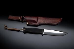A modern hunting knife and a leather case for him on a dark background. Melee weapons for hunting and self-defense. The instrument of crime. photo