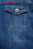 Blue denim texture. Closeup of denim jacket elements. Background for banner, poster or adrift. photo