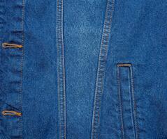 Blue denim texture. Closeup of denim jacket elements. Background for banner, poster or adrift. photo