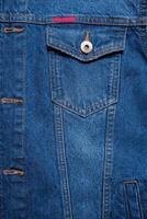 Blue denim texture. Closeup of denim jacket elements. Background for banner, poster or adrift. photo