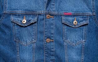 Blue denim texture. Closeup of denim jacket elements. Background for banner, poster or adrift. photo