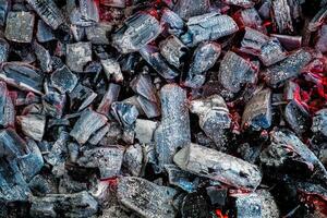 The texture of burning firewood and charcoal with the remnants of the heat. Ash after the fire. Light back. photo