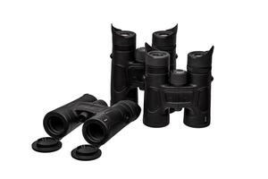 Modern binoculars isolate on white back. Surveillance device. Device for viewing at a distance. photo