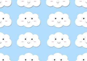 White smile cute cloud seamless patterns on a light blue background. For cards, frames, posters, book covers, textiles, wallpaper, wrapping and fabric. vector