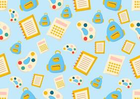 Calculator, notebook, paper, color palette, and school bag seamless pattern on a blue background. For cards, frames, posters, book covers, textiles, wallpaper, wrapping and fabric. vector