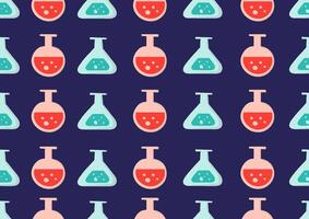Red and green lab bottles or science seamless patterns on a navy blue background. For cards, frames, posters, book covers, textiles, wallpaper, wrapping and fabric. vector