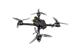 Modern FPV drone on a white background. Four-engine aircraft on the radio control. Drone for racing, filming and entertainment. photo