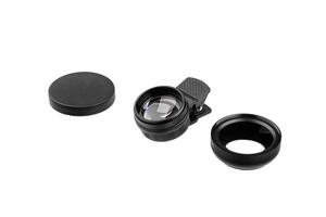 External additional lens for smartphone. Small lens for mobile phone. Mobile photography. Isolate on a white back photo