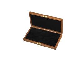 An open wooden box with a metal lock. Drawer made of light wood and dark upholstered interior for storing valuables. Isolate on a white back. photo