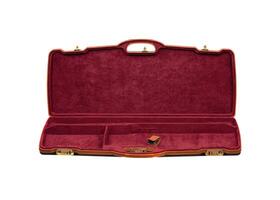 Open modern luxury case for weapons with a combination lock. Case for weapons with red velvet inside. Gun case isolate on a white background. photo