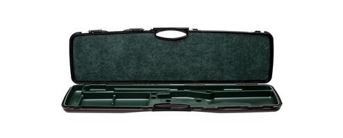 An open black plastic case with green velvet inside. Weapon case isolate on white background. photo