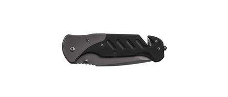 Pocket folding knife with sling cutter and cullet. Compact metal sharp knife with a folding blade. Isolate on a white back. photo