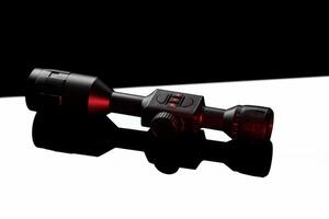 Modern telescopic sight on a smooth mirrored surface. The sight is highlighted in red. A device for shooting at long distances. photo