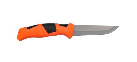 Modern diving knife with silver blade and orange rubber handle. Steel arms. Isolate on a white back. photo