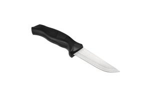 Modern hunting knife with black blade and plastic handle. Steel arms. Isolate on a white back. photo
