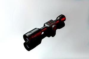 Modern telescopic sight on a smooth mirrored surface. The sight is highlighted in red. A device for shooting at long distances. photo