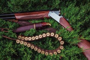 An open hunting rifle with cartridges and a knife in a leather case, lying on the branches of green fir. photo