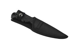 Modern hunting knife with black blade and plastic handle. Steel arms. Isolate on a white back. photo