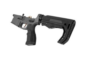 Lower receiver and buffer spring. Bottom half of a modern assault rifle. Isolate on white back photo