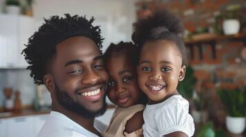 Man and Two Children Smiling for Camera photo