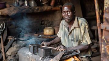 Skilled Blacksmith Working at His Anvil in a Rustic Workshop in the Afternoon photo