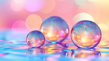 Three Soap Bubbles Floating on Top of a Blue Surface photo
